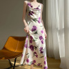 women's mid length knee length sleeveless printed suspender dress 133