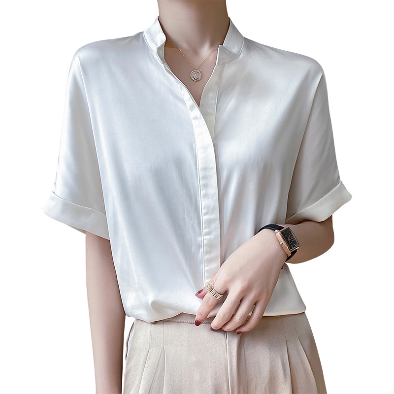 Women's silk white shirt stand collar short sleeve top 106