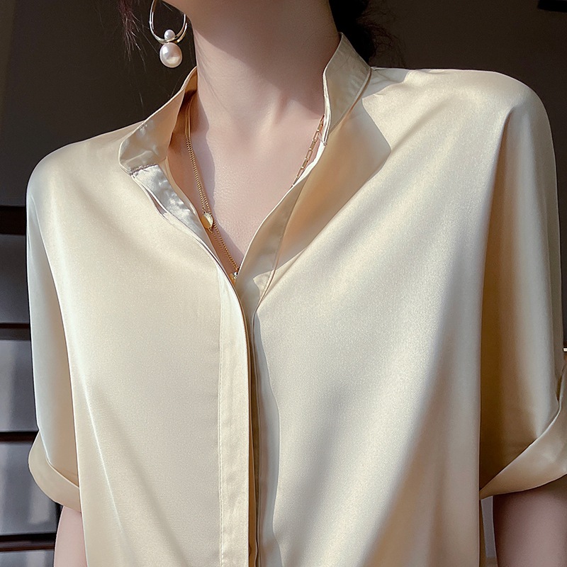 Women's silk white shirt stand collar short sleeve top 106
