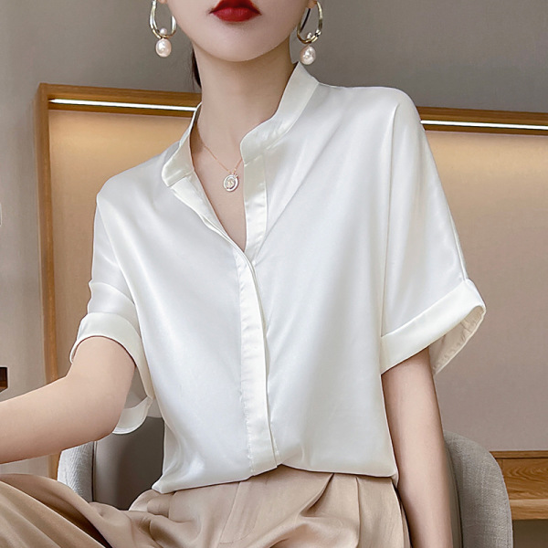Women's silk white shirt stand collar short sleeve top 106