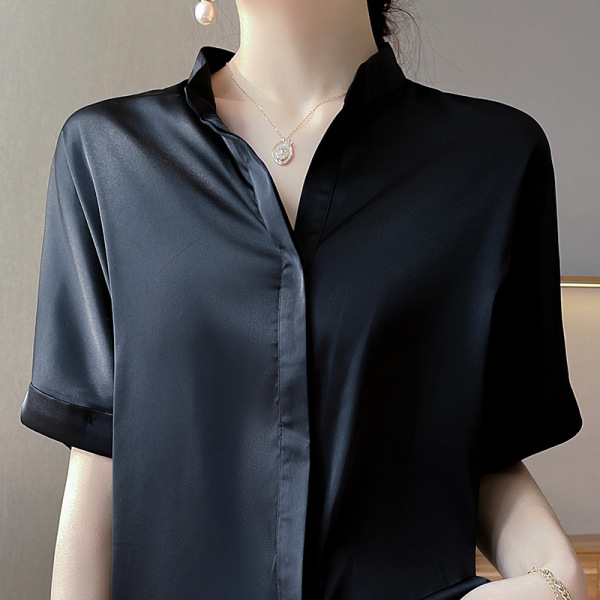 Women's silk white shirt stand collar short sleeve top 106