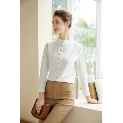women's stand collar shirt long sleeve cotton shirt 93