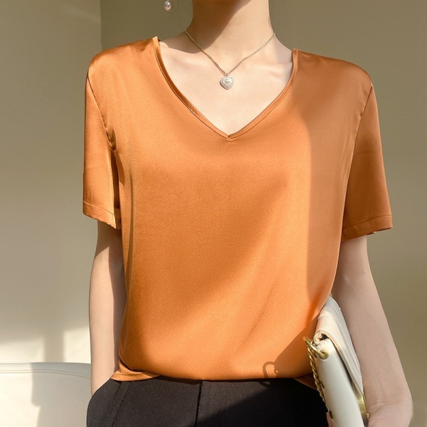 V-neck minimalist silk satin half-sleeve T-shirt 71 
